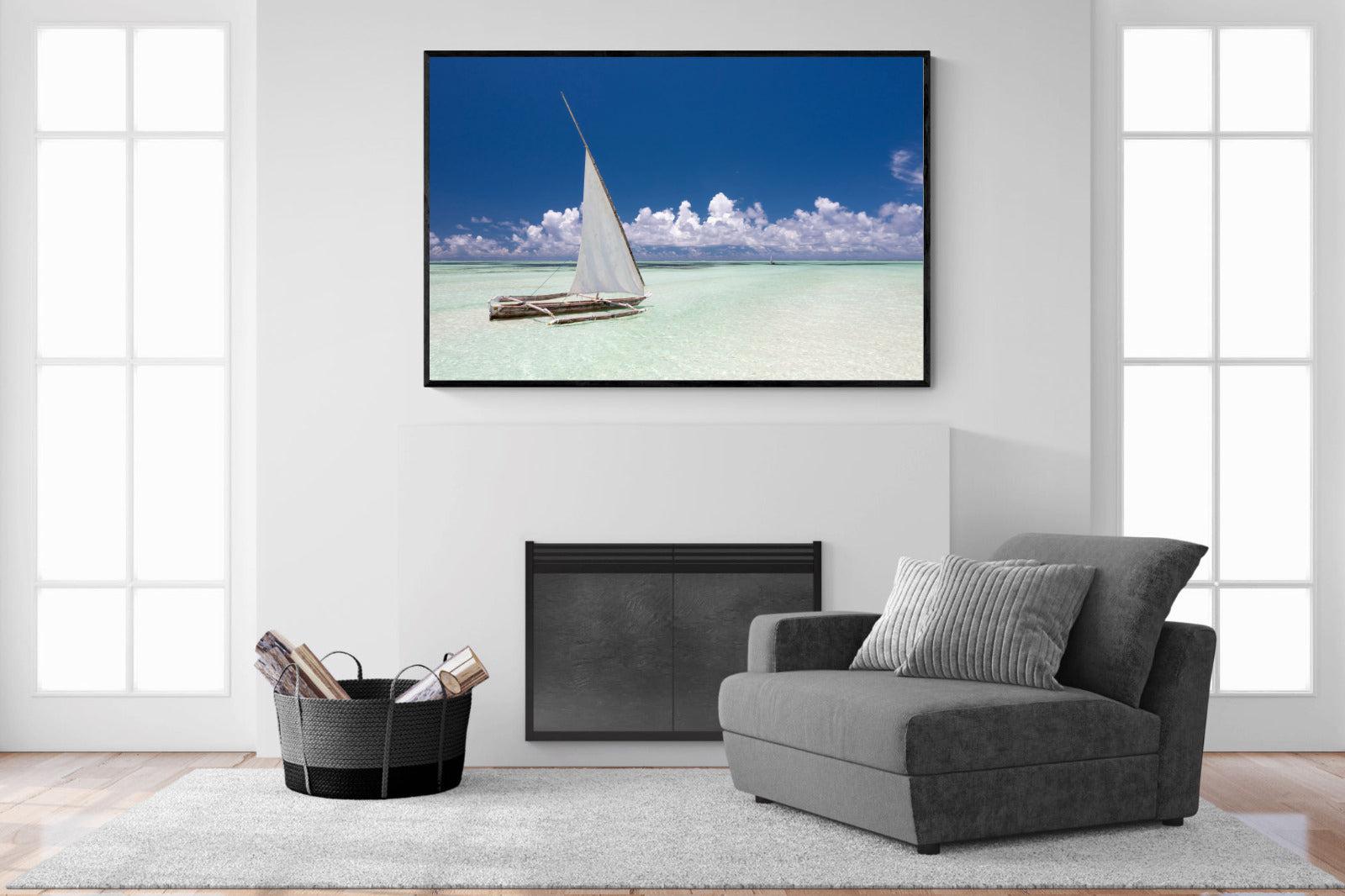 Dhow on Blue-Wall_Art-150 x 100cm-Mounted Canvas-Black-Pixalot