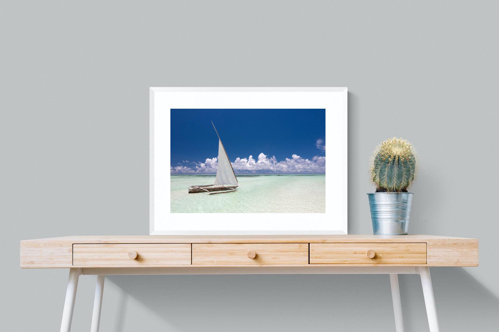 Dhow on Blue-Wall_Art-80 x 60cm-Framed Print-White-Pixalot