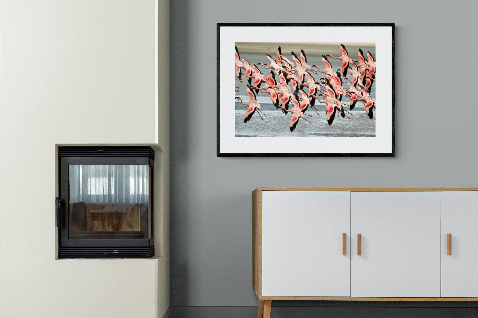 Flamingo Flight-Wall_Art-100 x 75cm-Framed Print-Black-Pixalot