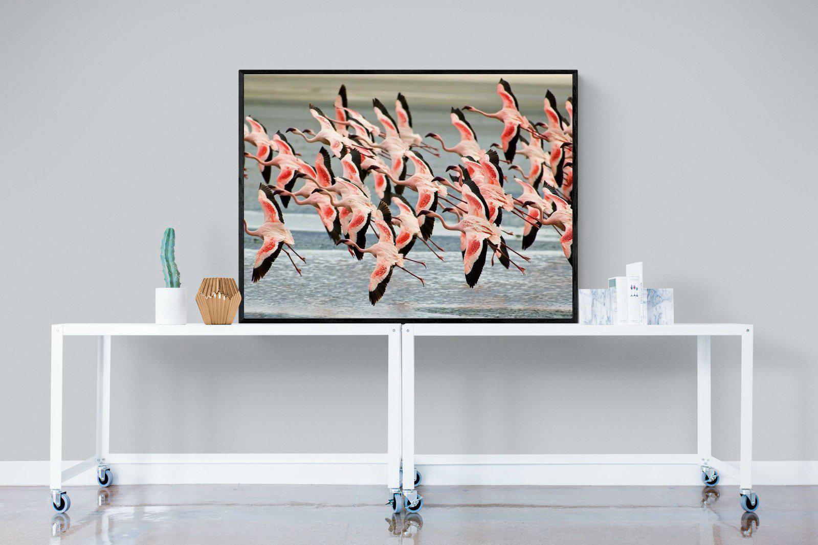 Flamingo Flight-Wall_Art-120 x 90cm-Mounted Canvas-Black-Pixalot