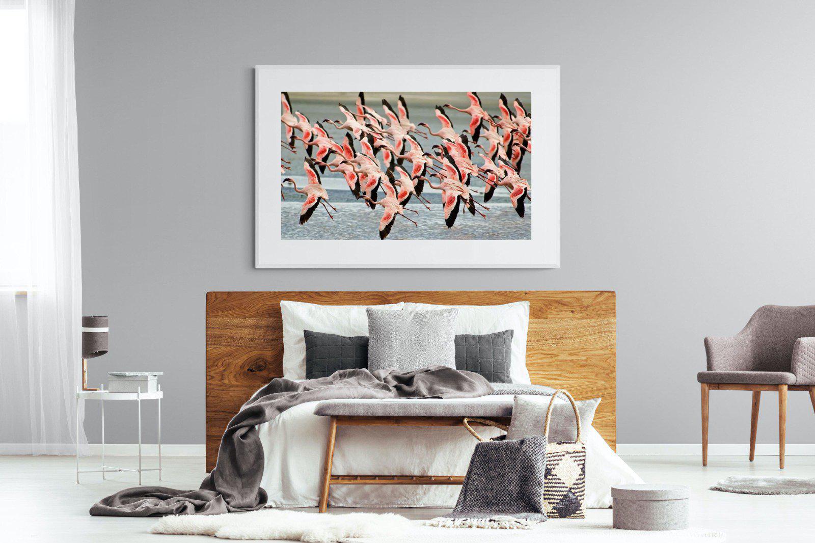 Flamingo Flight-Wall_Art-150 x 100cm-Framed Print-White-Pixalot