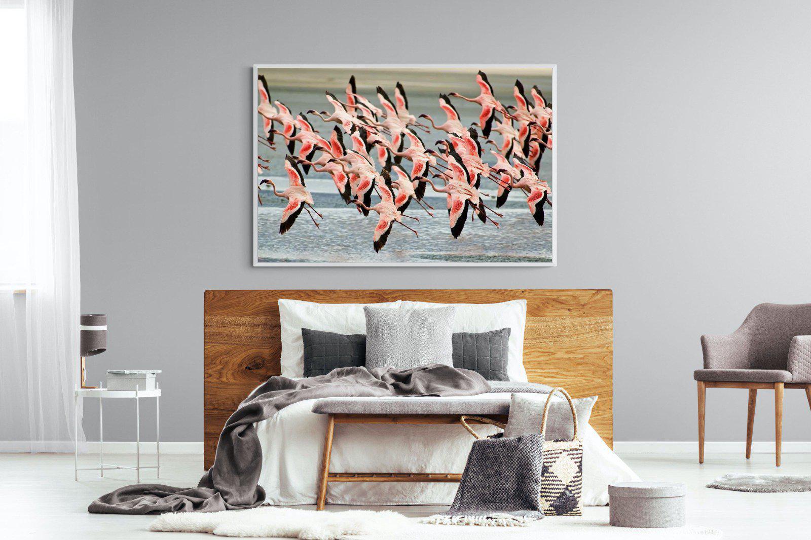 Flamingo Flight-Wall_Art-150 x 100cm-Mounted Canvas-White-Pixalot