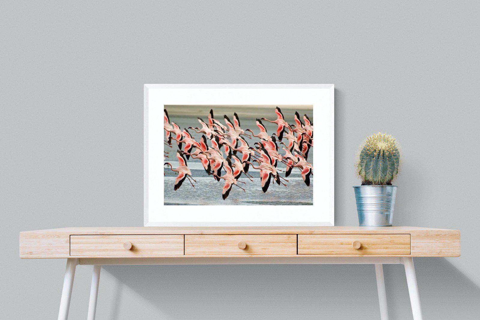 Flamingo Flight-Wall_Art-80 x 60cm-Framed Print-White-Pixalot