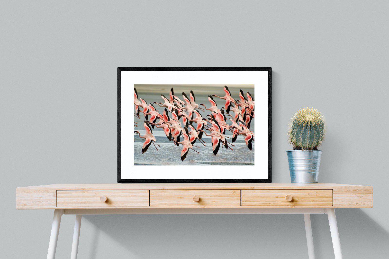 Flamingo Flight-Wall_Art-80 x 60cm-Framed Print-Black-Pixalot