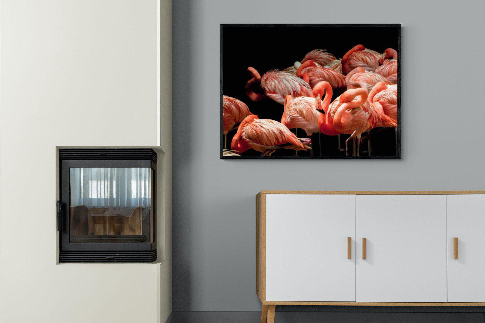 Flamingo Flock-Wall_Art-100 x 75cm-Mounted Canvas-Black-Pixalot