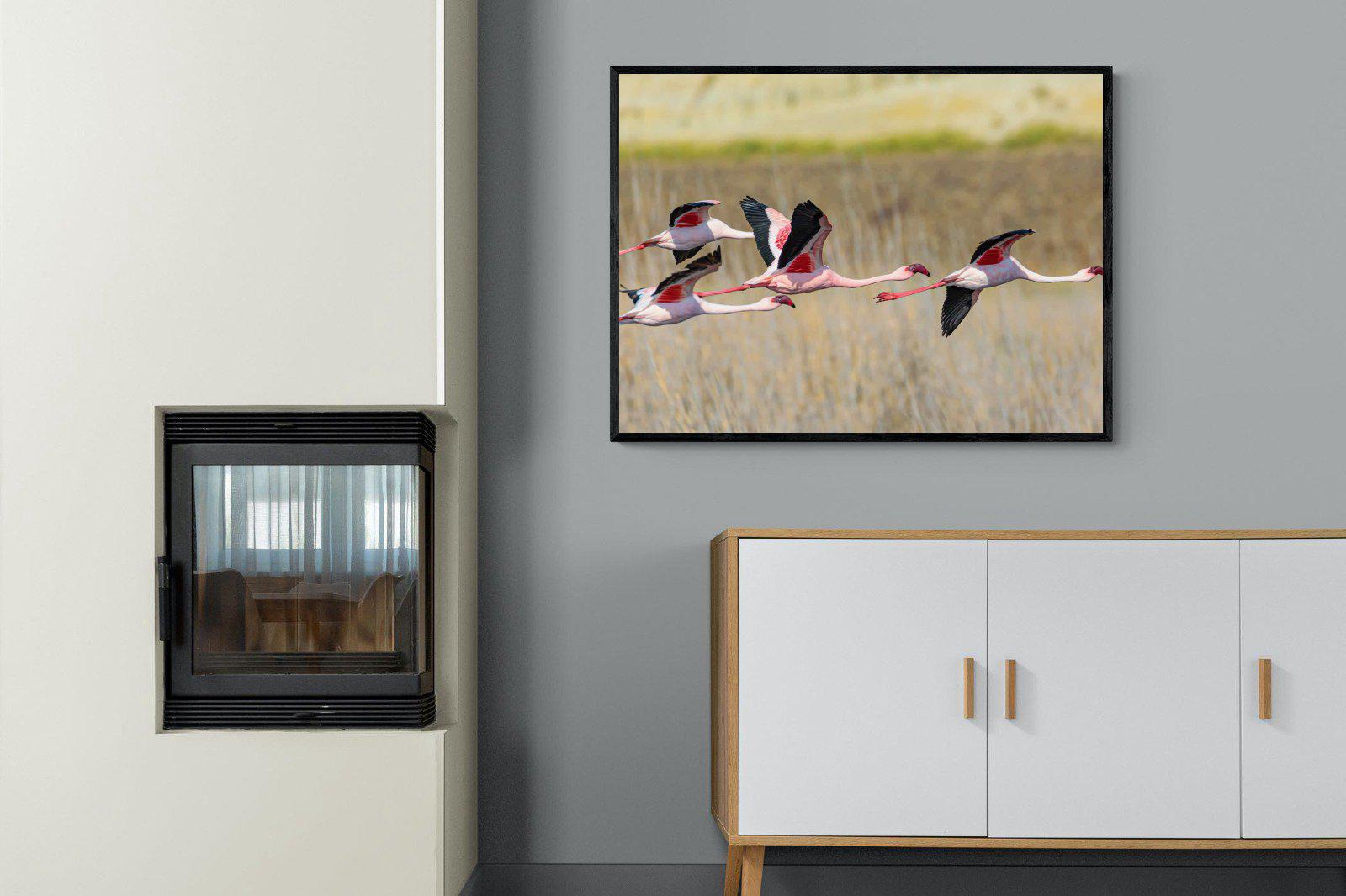Flying Flamingos-Wall_Art-100 x 75cm-Mounted Canvas-Black-Pixalot