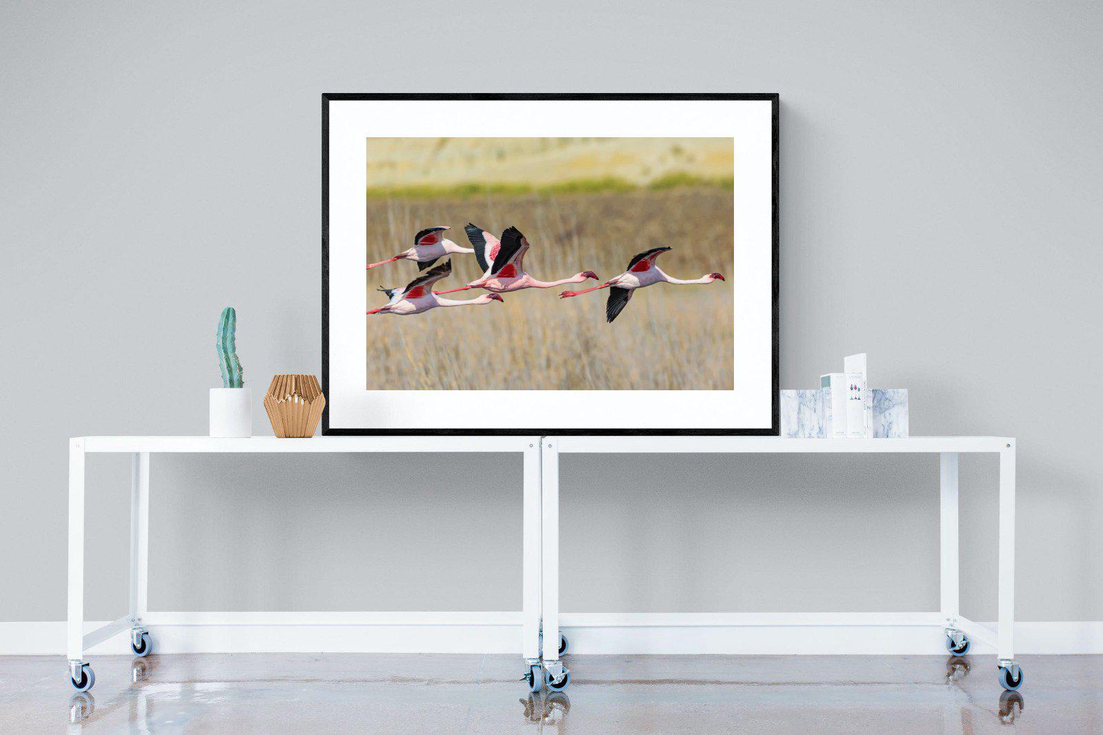 Flying Flamingos-Wall_Art-120 x 90cm-Framed Print-Black-Pixalot