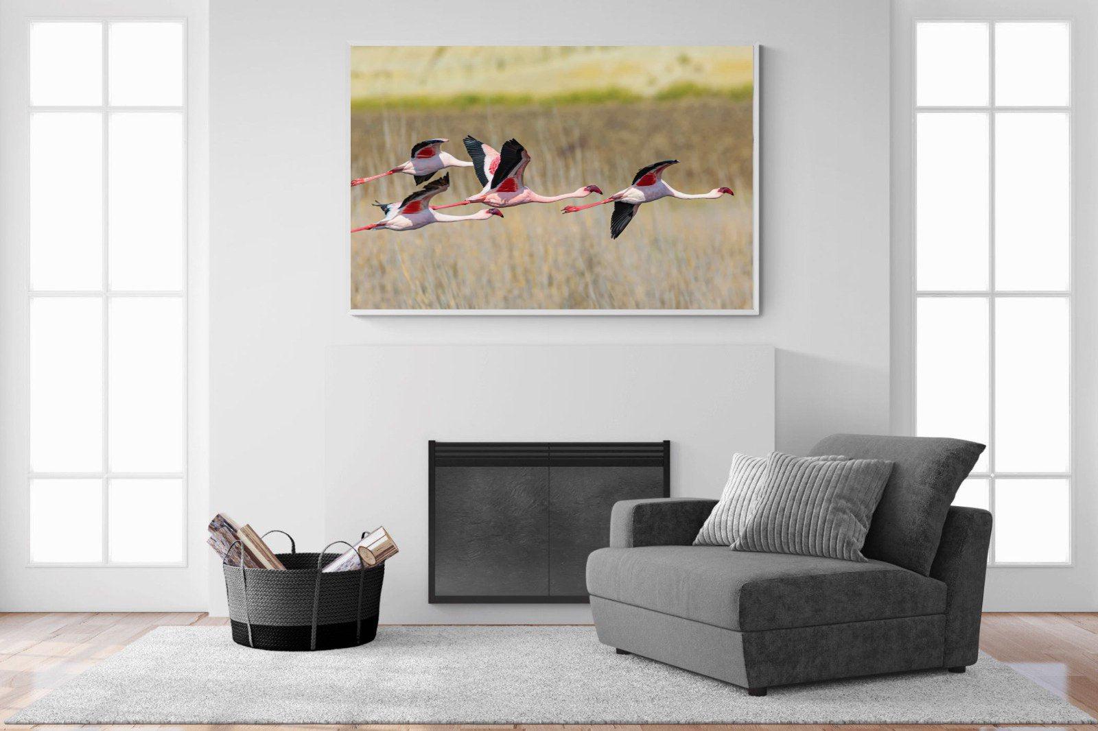 Flying Flamingos-Wall_Art-150 x 100cm-Mounted Canvas-White-Pixalot