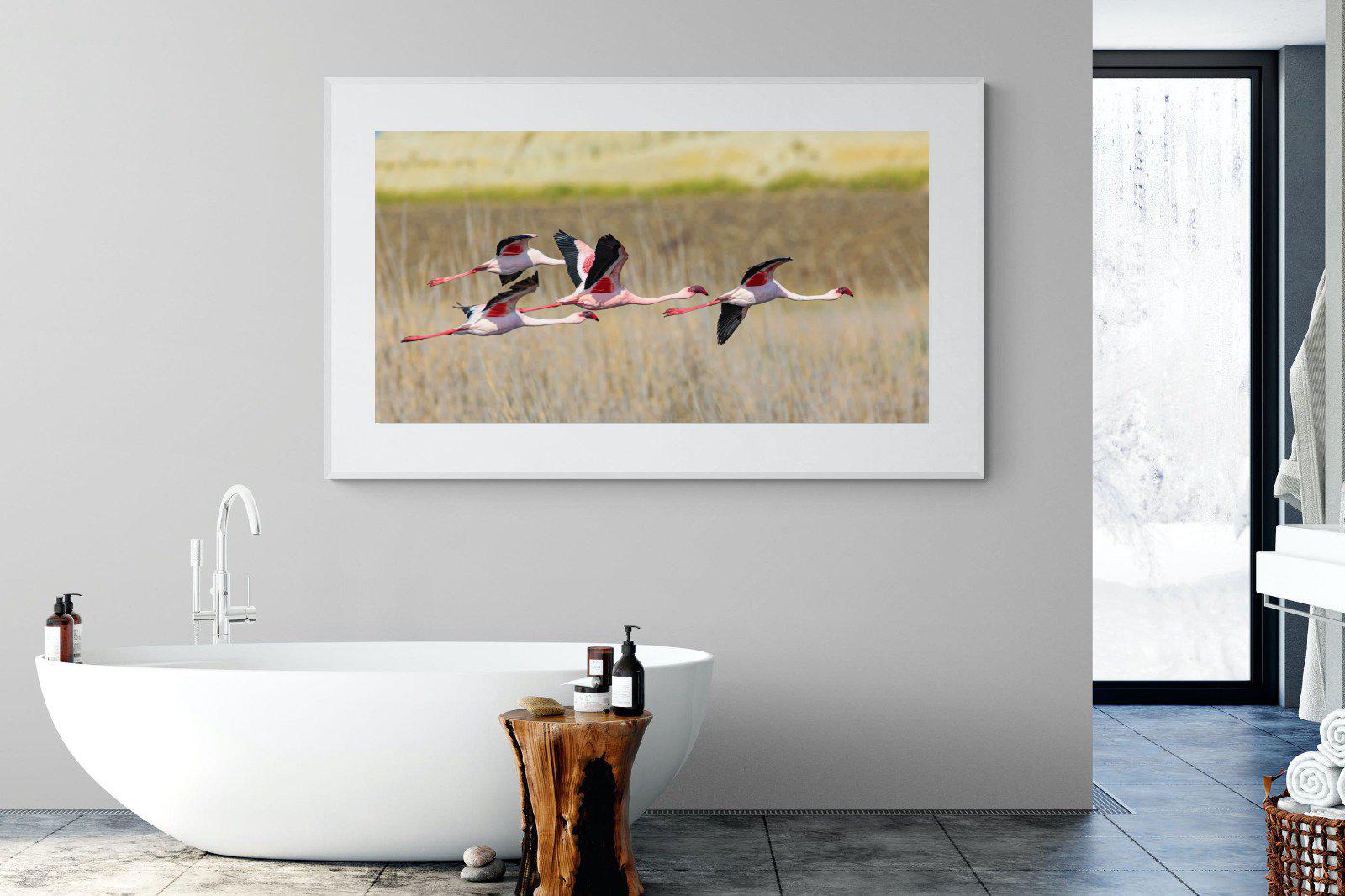 Flying Flamingos-Wall_Art-180 x 110cm-Framed Print-White-Pixalot