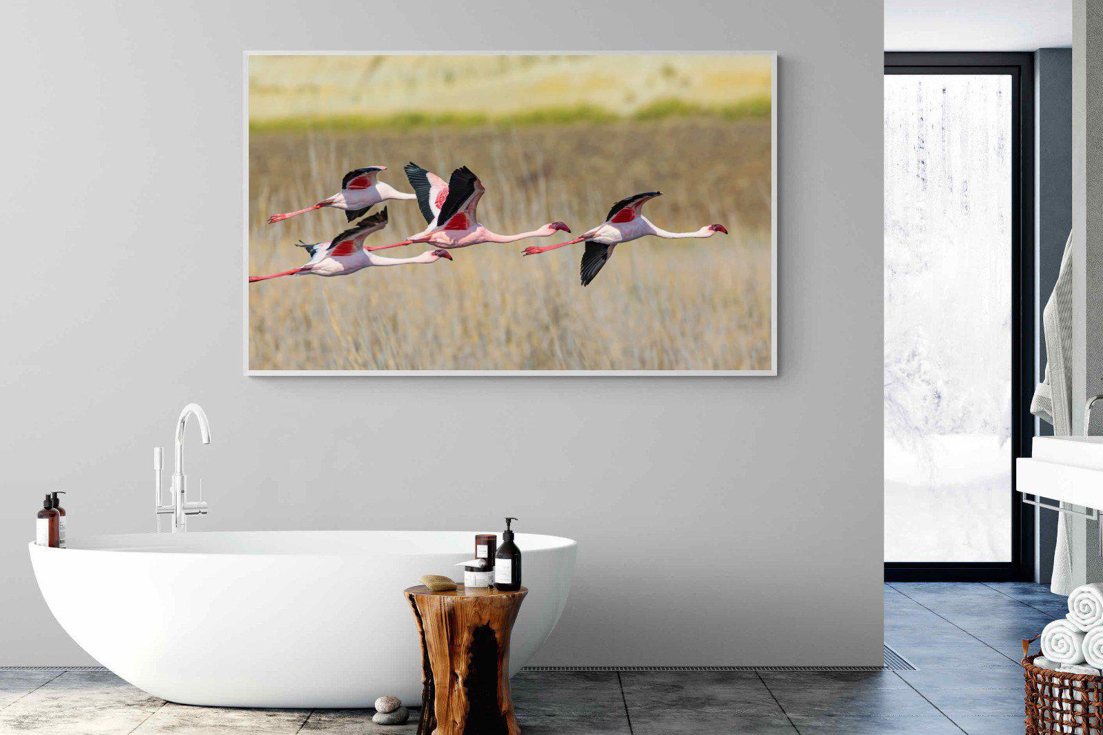 Flying Flamingos-Wall_Art-180 x 110cm-Mounted Canvas-White-Pixalot