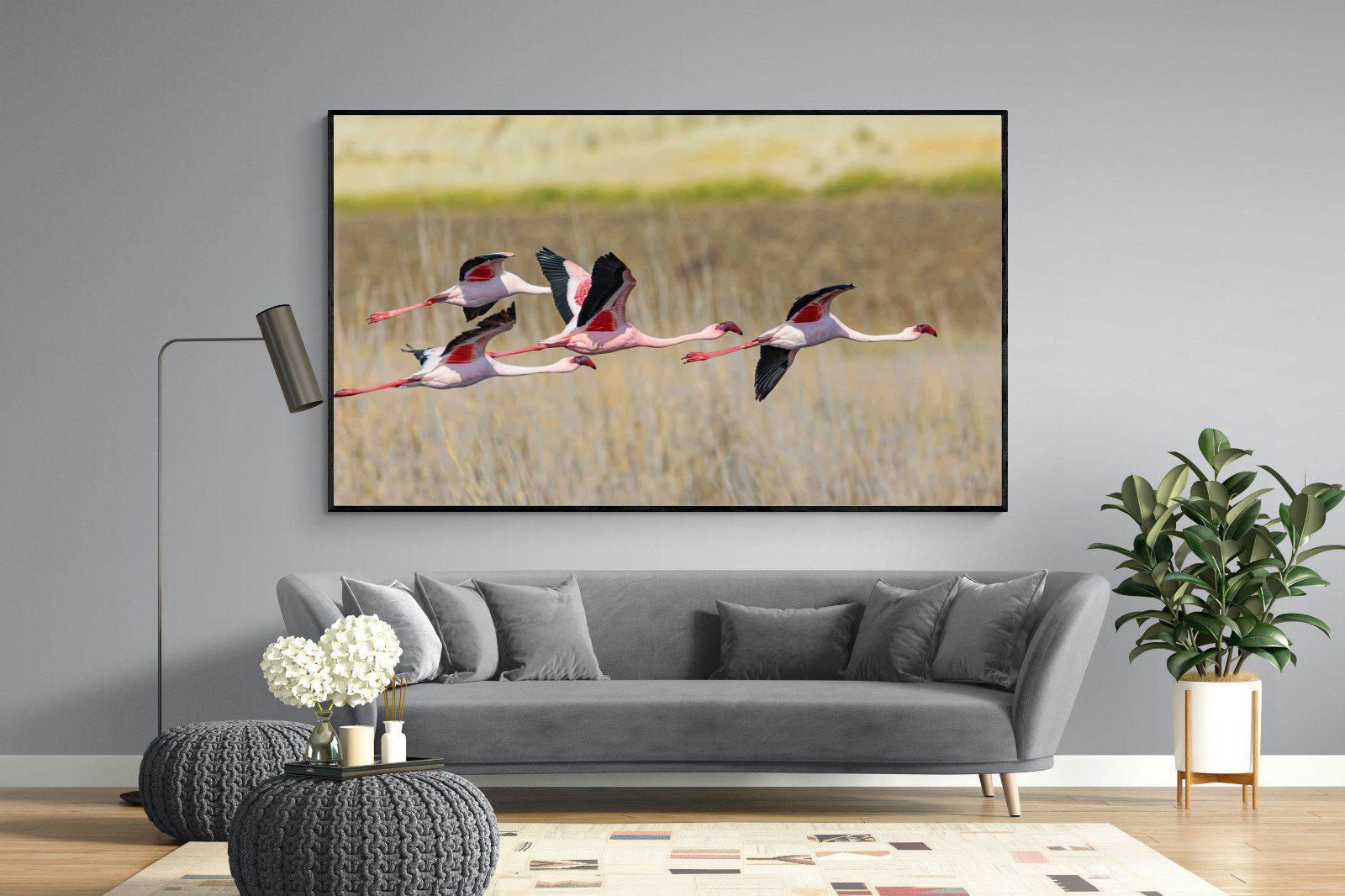 Flying Flamingos-Wall_Art-220 x 130cm-Mounted Canvas-Black-Pixalot