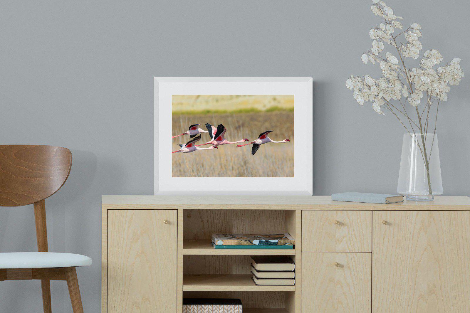 Flying Flamingos-Wall_Art-60 x 45cm-Framed Print-White-Pixalot