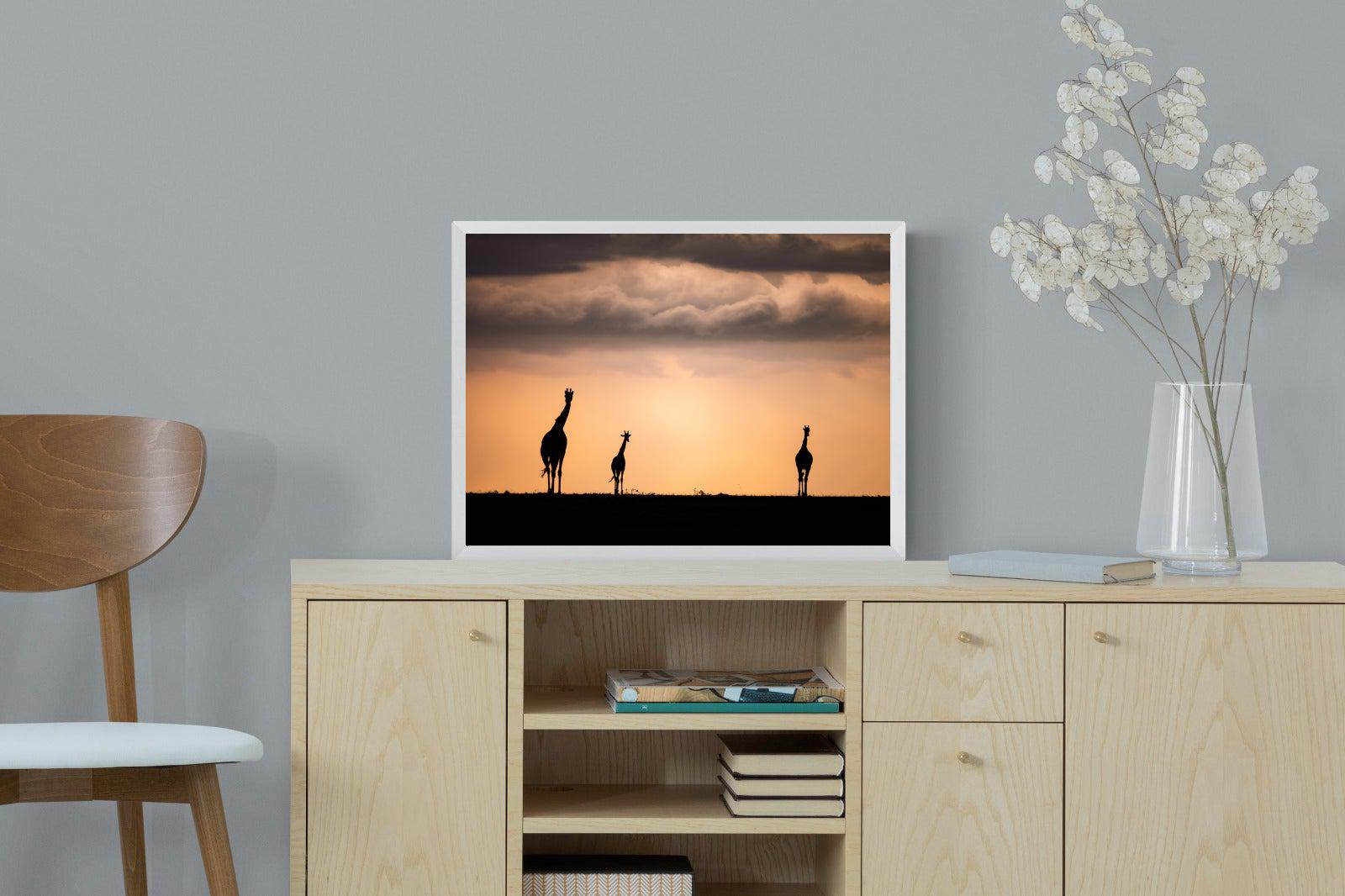 Giraffe Silhouette-Wall_Art-60 x 45cm-Mounted Canvas-White-Pixalot