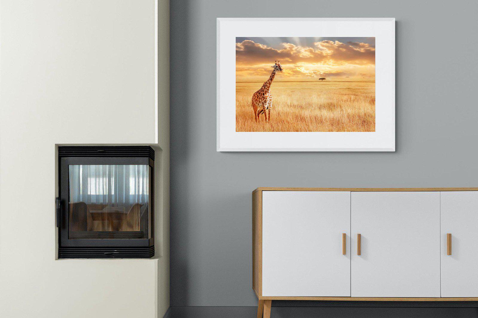 Giraffe Sunset-Wall_Art-100 x 75cm-Framed Print-White-Pixalot