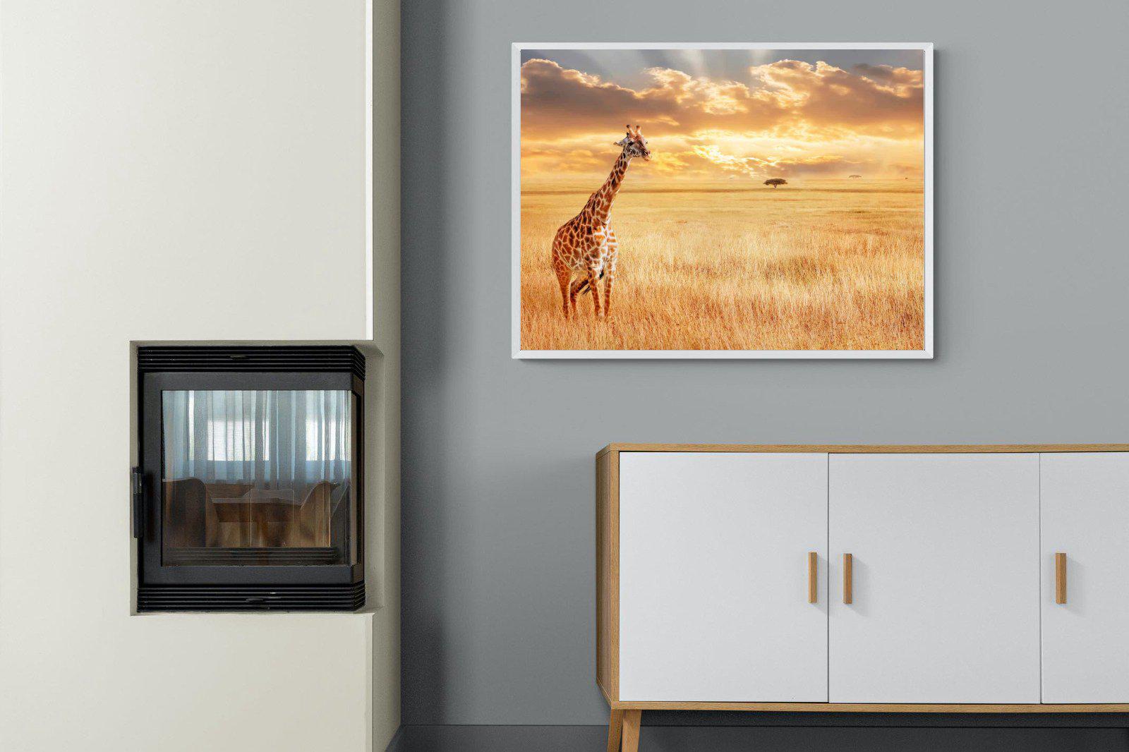 Giraffe Sunset-Wall_Art-100 x 75cm-Mounted Canvas-White-Pixalot
