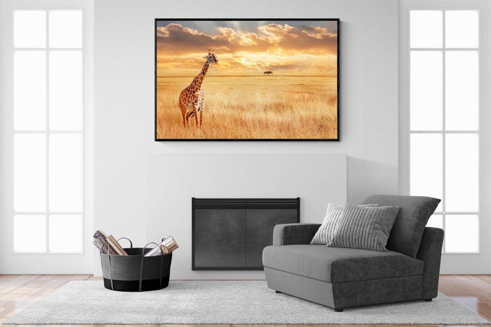 Giraffe Sunset-Wall_Art-150 x 100cm-Mounted Canvas-Black-Pixalot