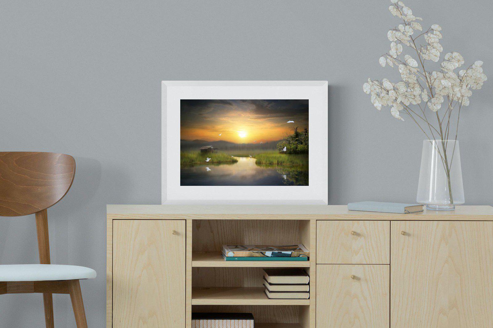 Heron Shed-Wall_Art-60 x 45cm-Framed Print-White-Pixalot