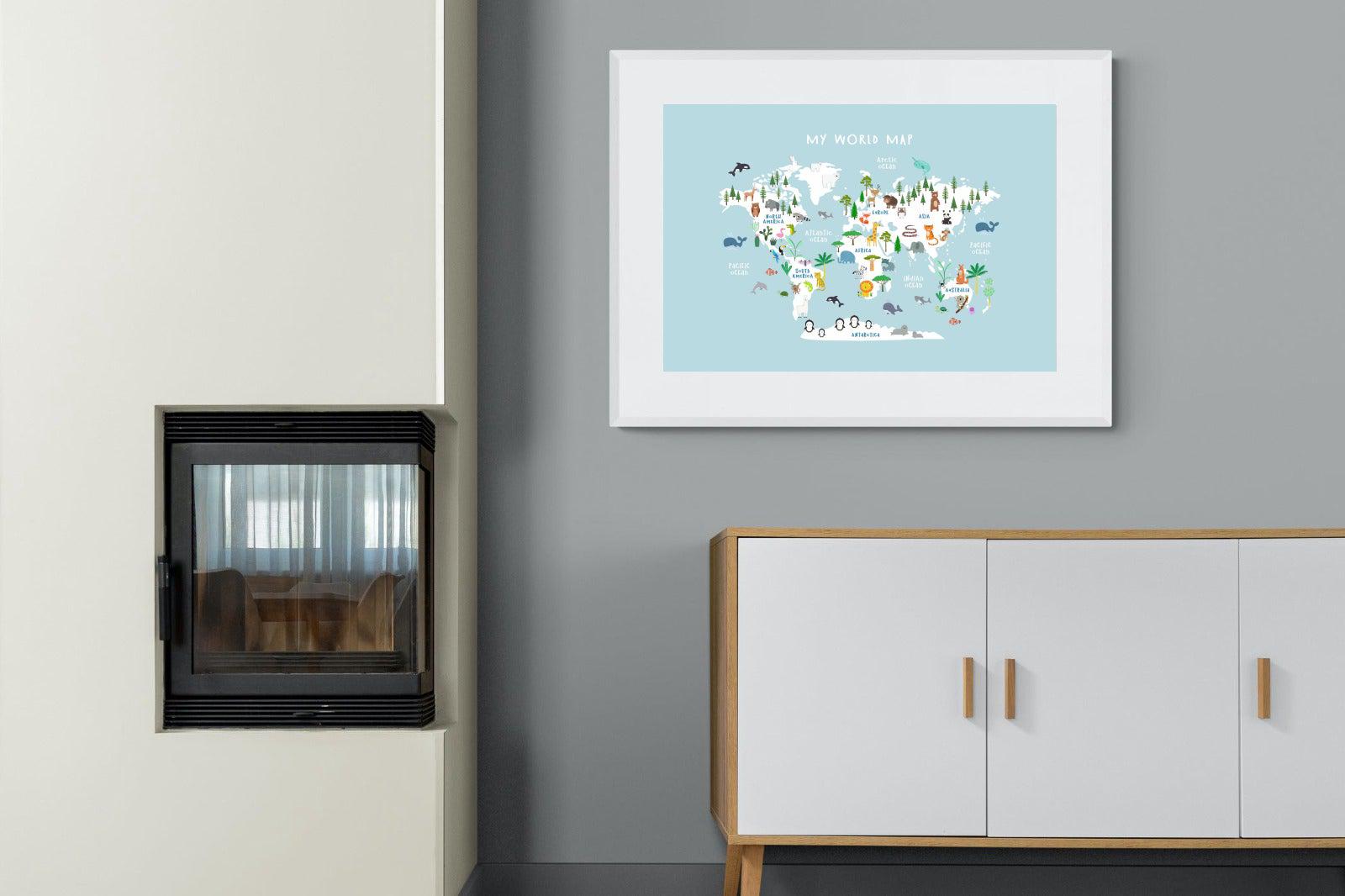 Kids World Map (Blue)-Wall_Art-100 x 75cm-Framed Print-White-Pixalot