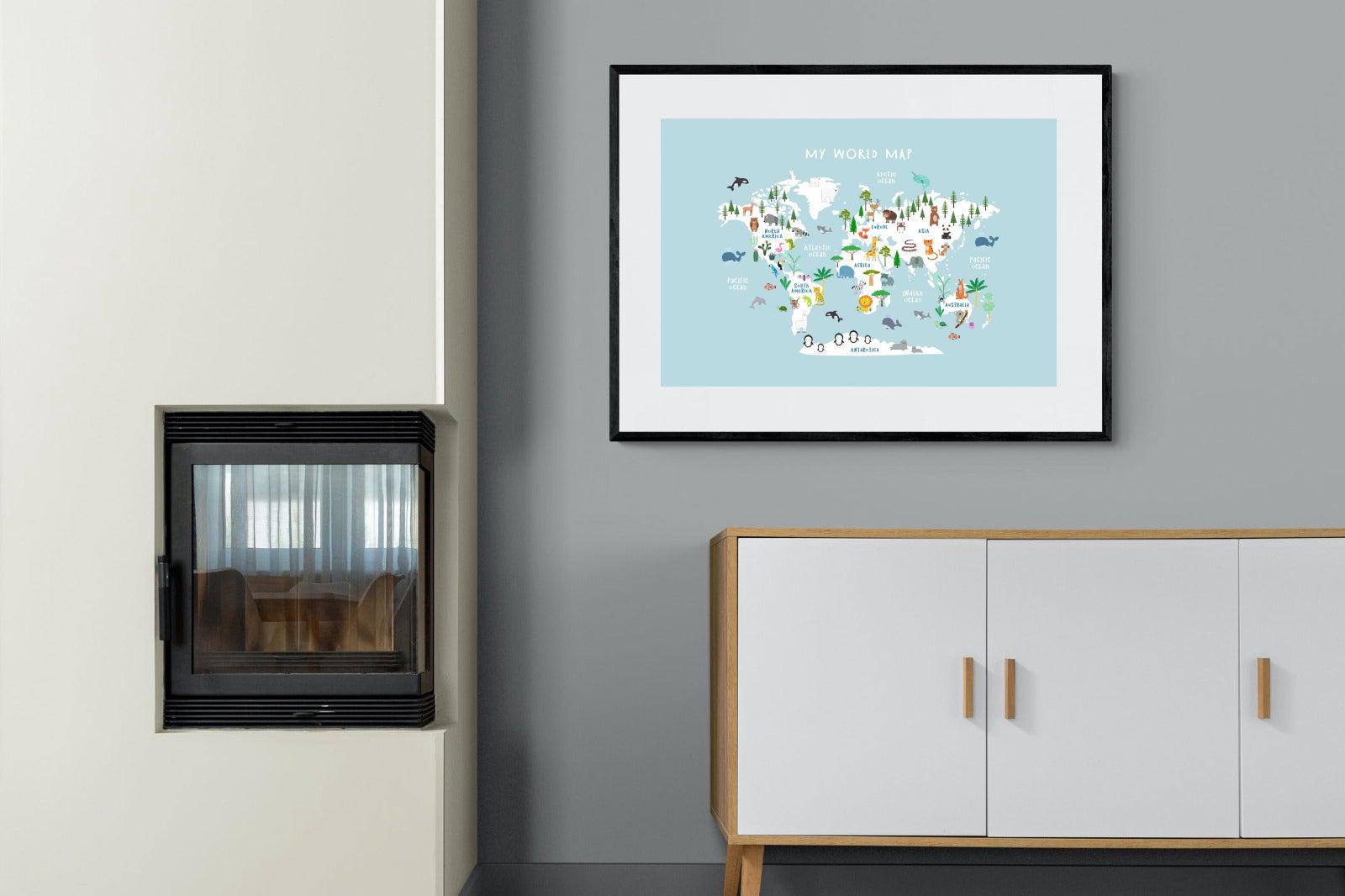 Kids World Map (Blue)-Wall_Art-100 x 75cm-Framed Print-Black-Pixalot