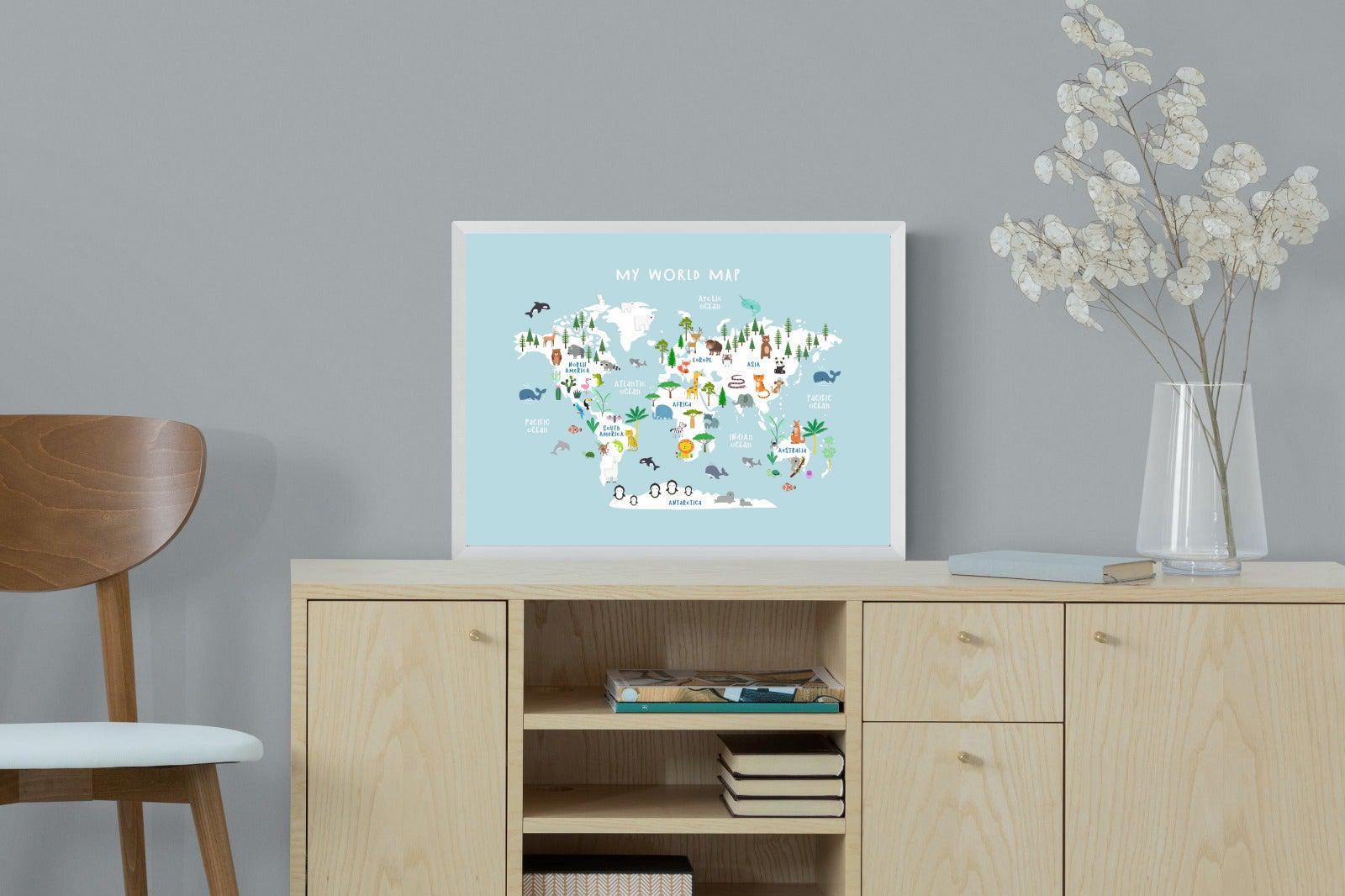 Kids World Map (Blue)-Wall_Art-60 x 45cm-Mounted Canvas-White-Pixalot