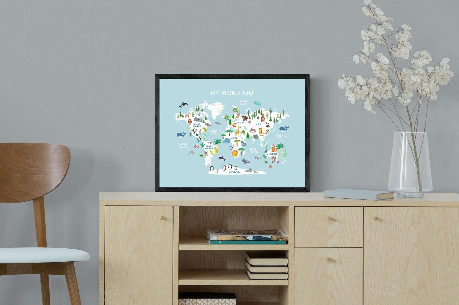 Kids World Map (Blue)-Wall_Art-60 x 45cm-Mounted Canvas-Black-Pixalot