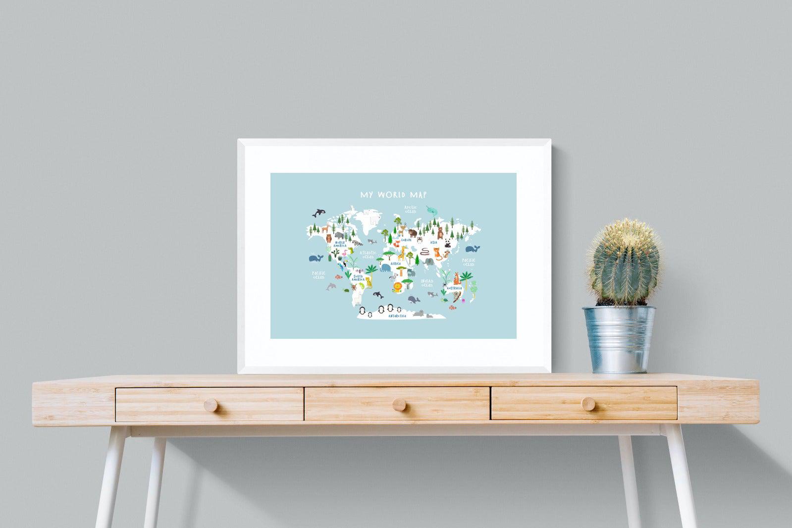 Kids World Map (Blue)-Wall_Art-80 x 60cm-Framed Print-White-Pixalot