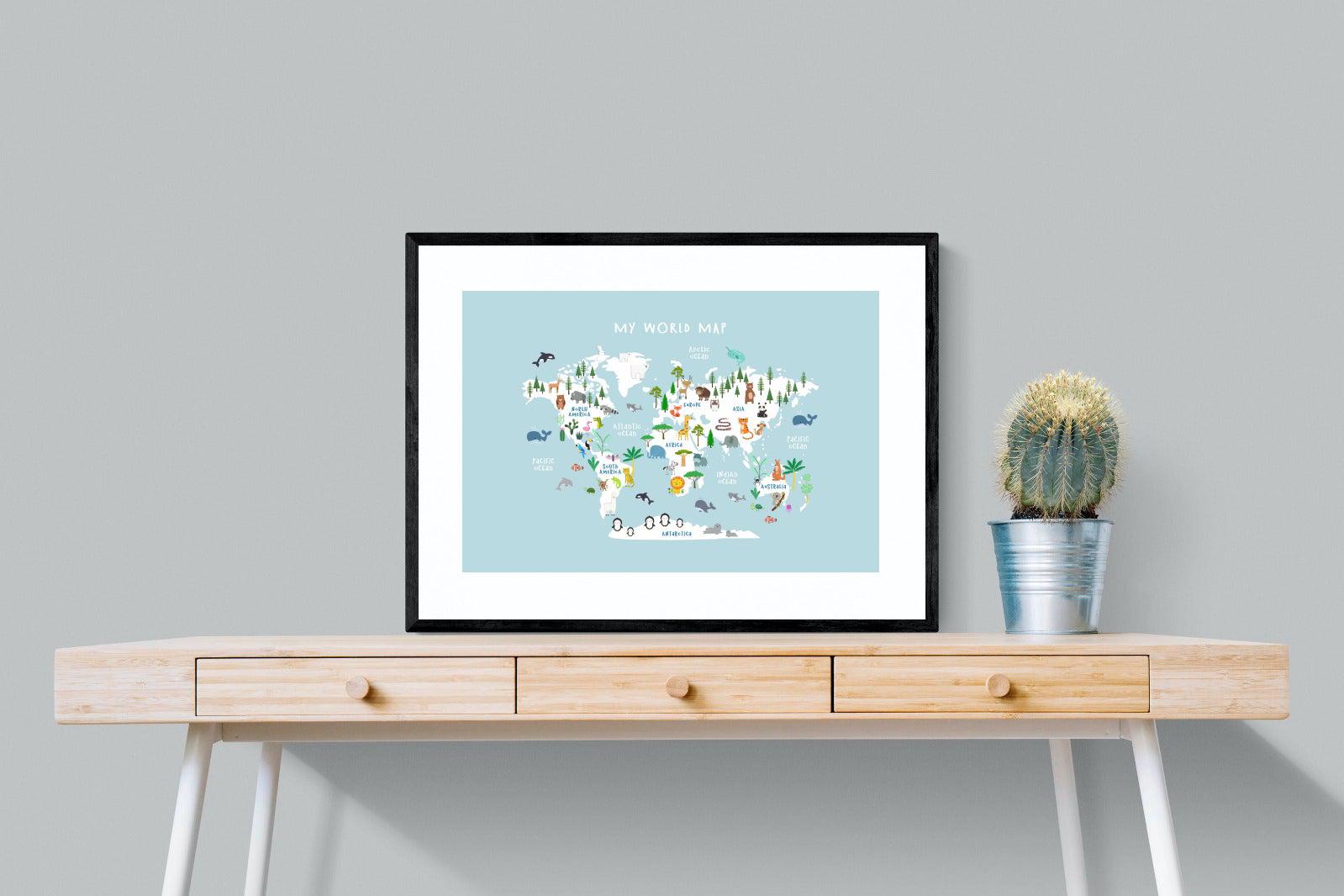 Kids World Map (Blue)-Wall_Art-80 x 60cm-Framed Print-Black-Pixalot