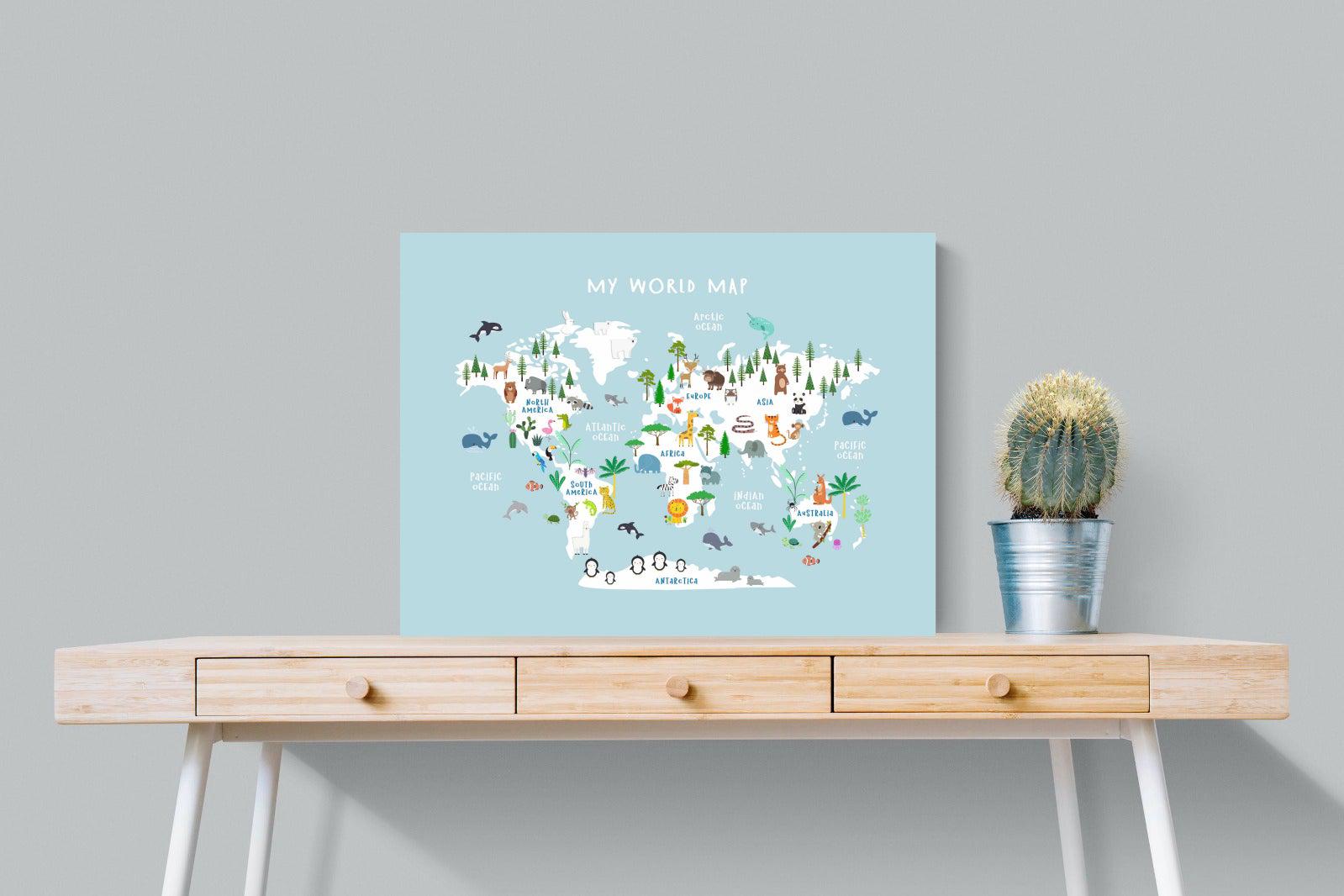 Kids World Map (Blue)-Wall_Art-80 x 60cm-Mounted Canvas-No Frame-Pixalot