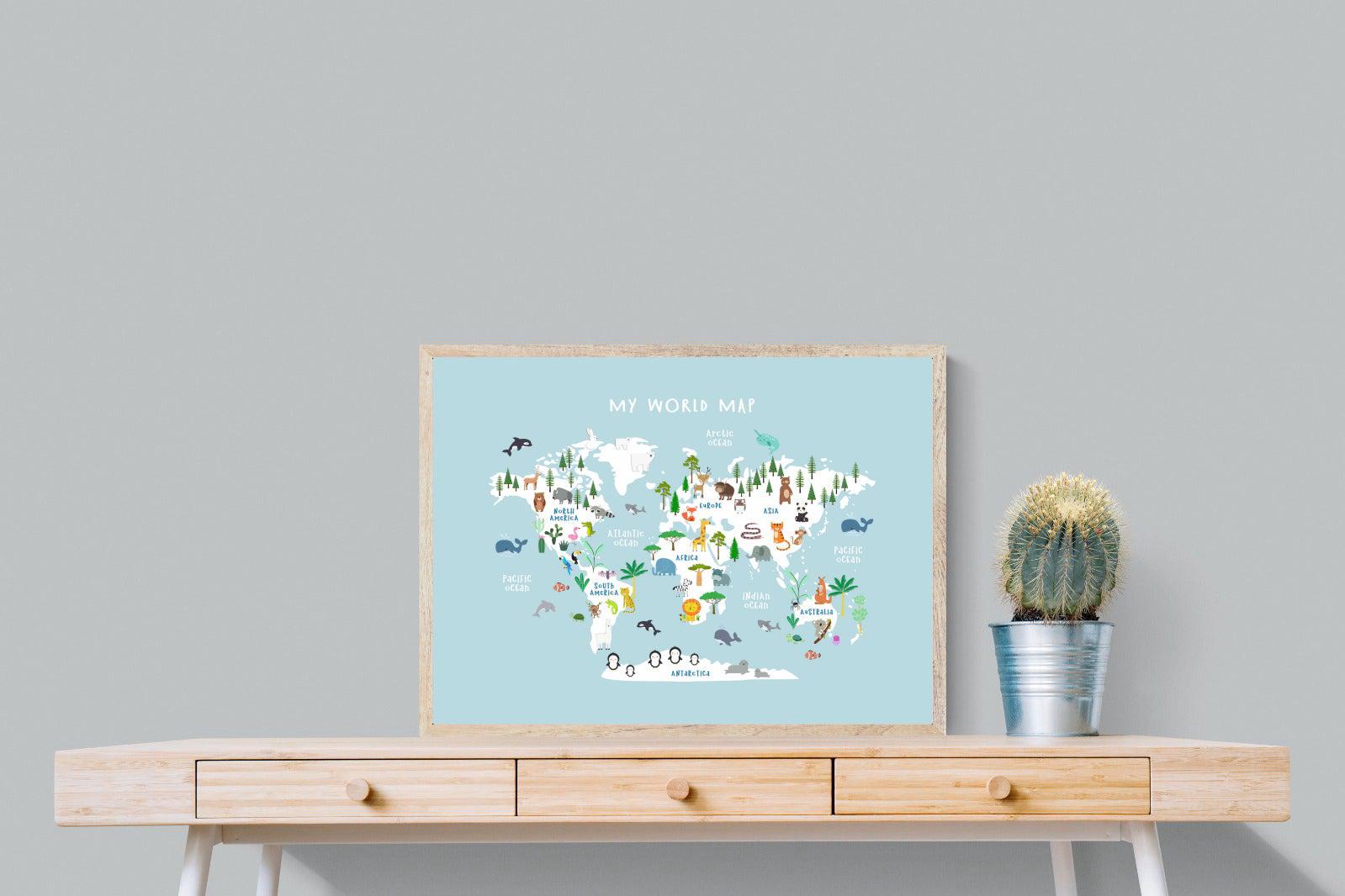 Kids World Map (Blue)-Wall_Art-80 x 60cm-Mounted Canvas-Wood-Pixalot