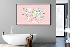 Kids World Map (Pink)-Wall_Art-180 x 110cm-Mounted Canvas-Black-Pixalot