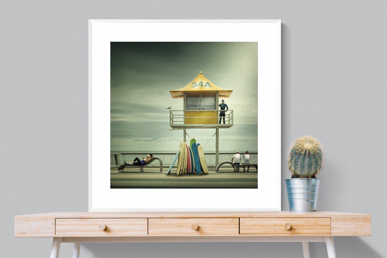 Lifeguard Tower-Wall_Art-100 x 100cm-Framed Print-White-Pixalot