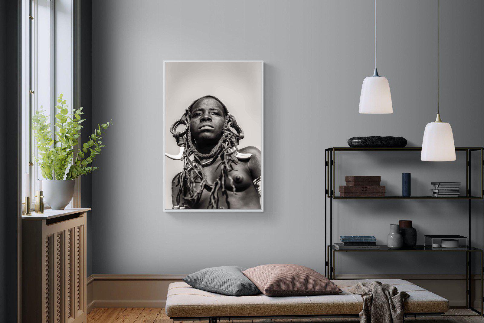 Mursi Woman-Wall_Art-100 x 150cm-Mounted Canvas-White-Pixalot