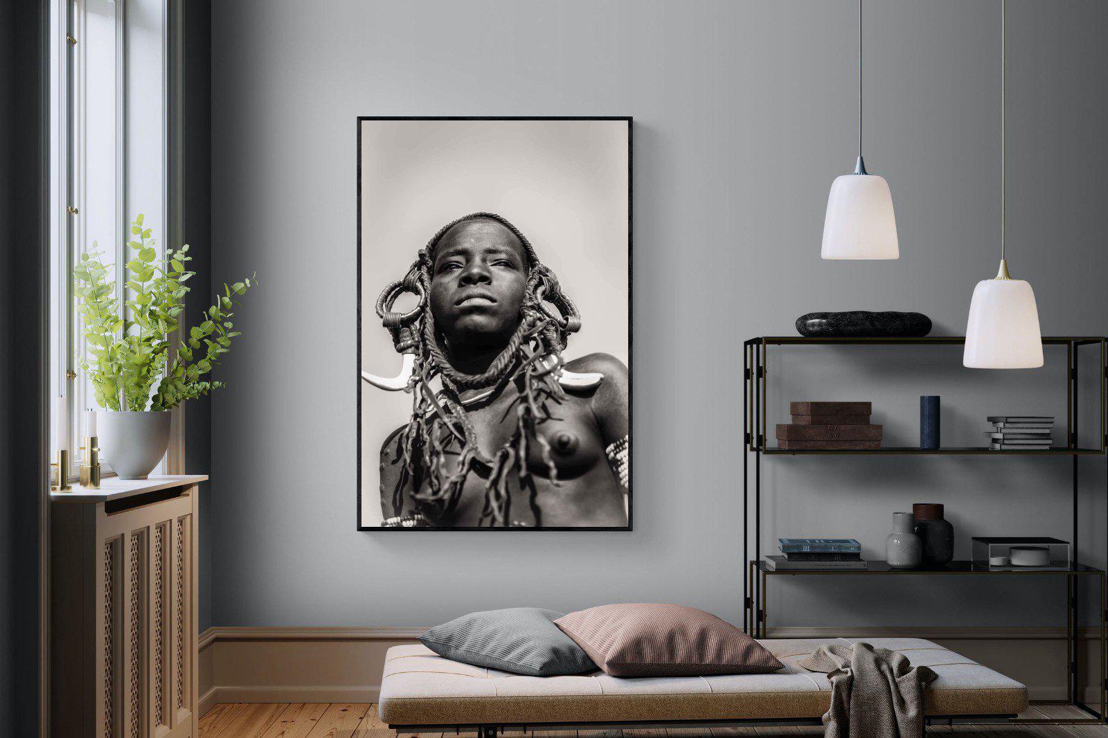 Mursi Woman-Wall_Art-120 x 180cm-Mounted Canvas-Black-Pixalot