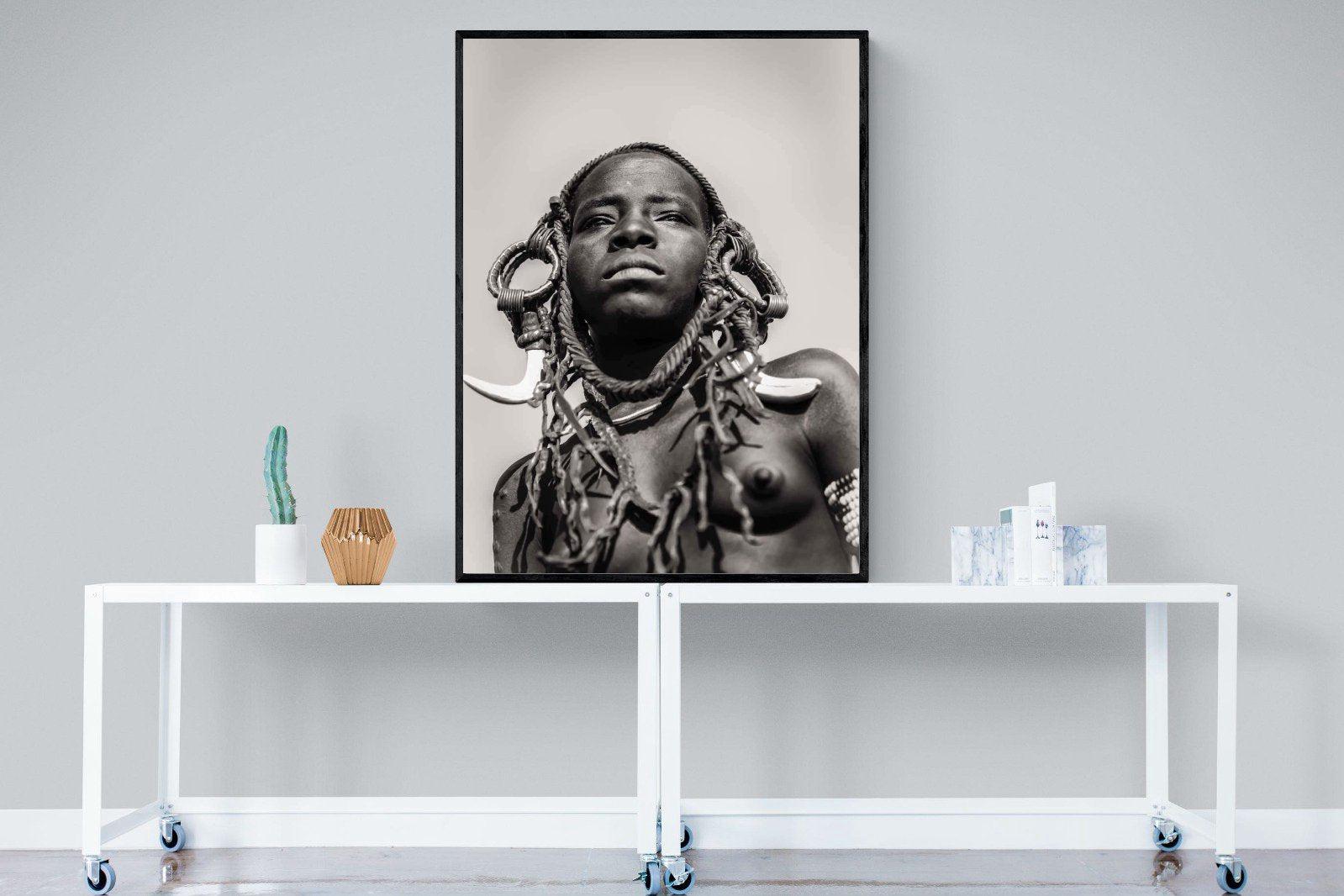 Mursi Woman-Wall_Art-90 x 120cm-Mounted Canvas-Black-Pixalot