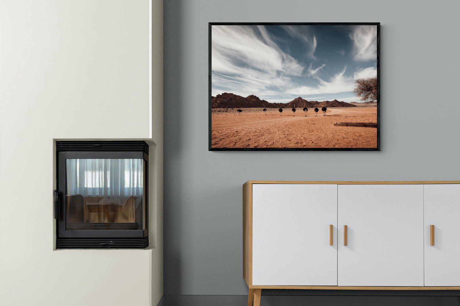 Namibian Ostrich-Wall_Art-100 x 75cm-Mounted Canvas-Black-Pixalot