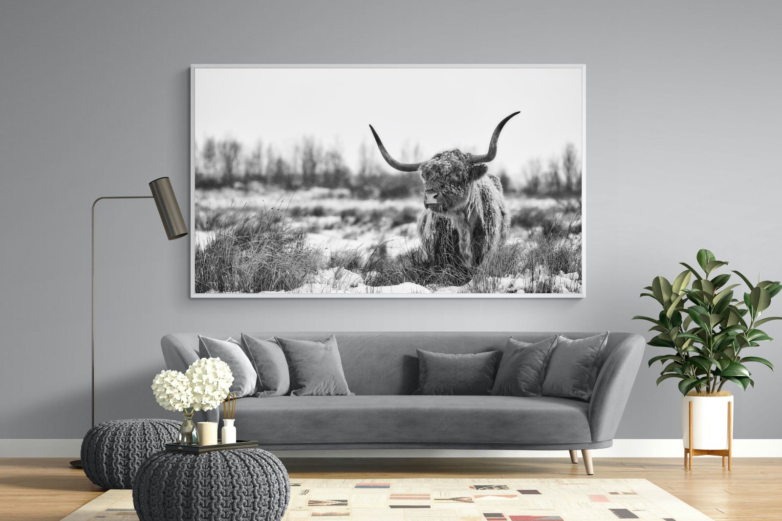 Scottish Highlander (black & white)-Wall_Art-220 x 130cm-Mounted Canvas-White-Pixalot