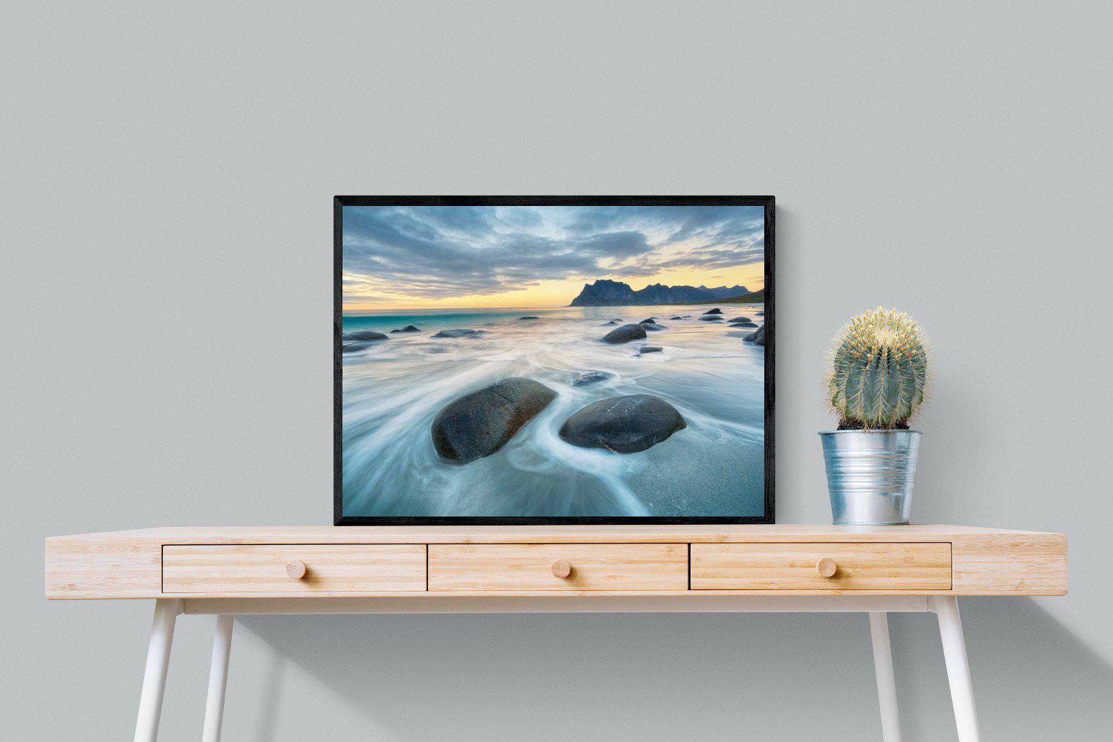 Uttakleiv Beach-Wall_Art-80 x 60cm-Mounted Canvas-Black-Pixalot