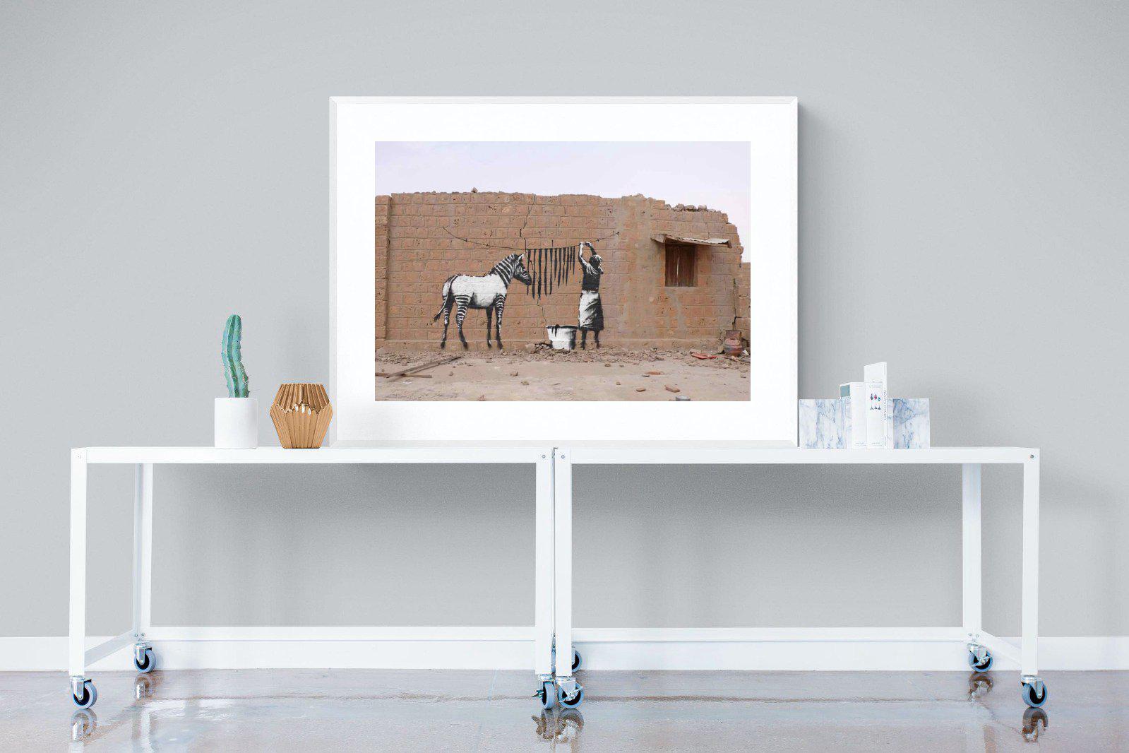 Zebra Washing Line-Wall_Art-120 x 90cm-Framed Print-White-Pixalot