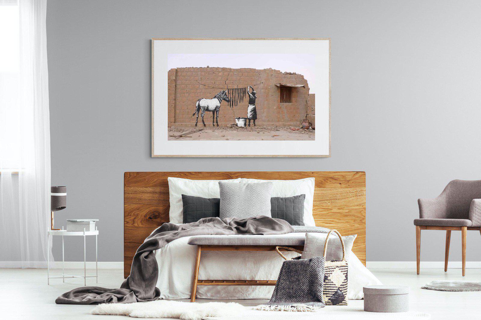 Zebra Washing Line-Wall_Art-150 x 100cm-Framed Print-Wood-Pixalot