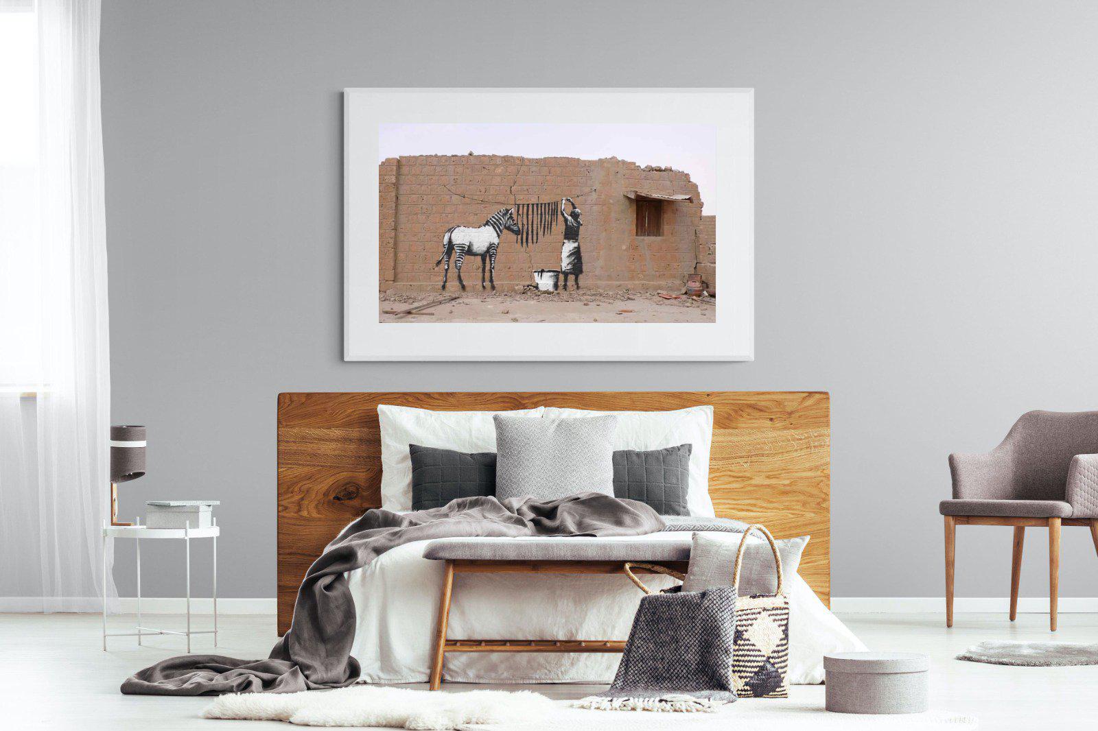 Zebra Washing Line-Wall_Art-150 x 100cm-Framed Print-White-Pixalot