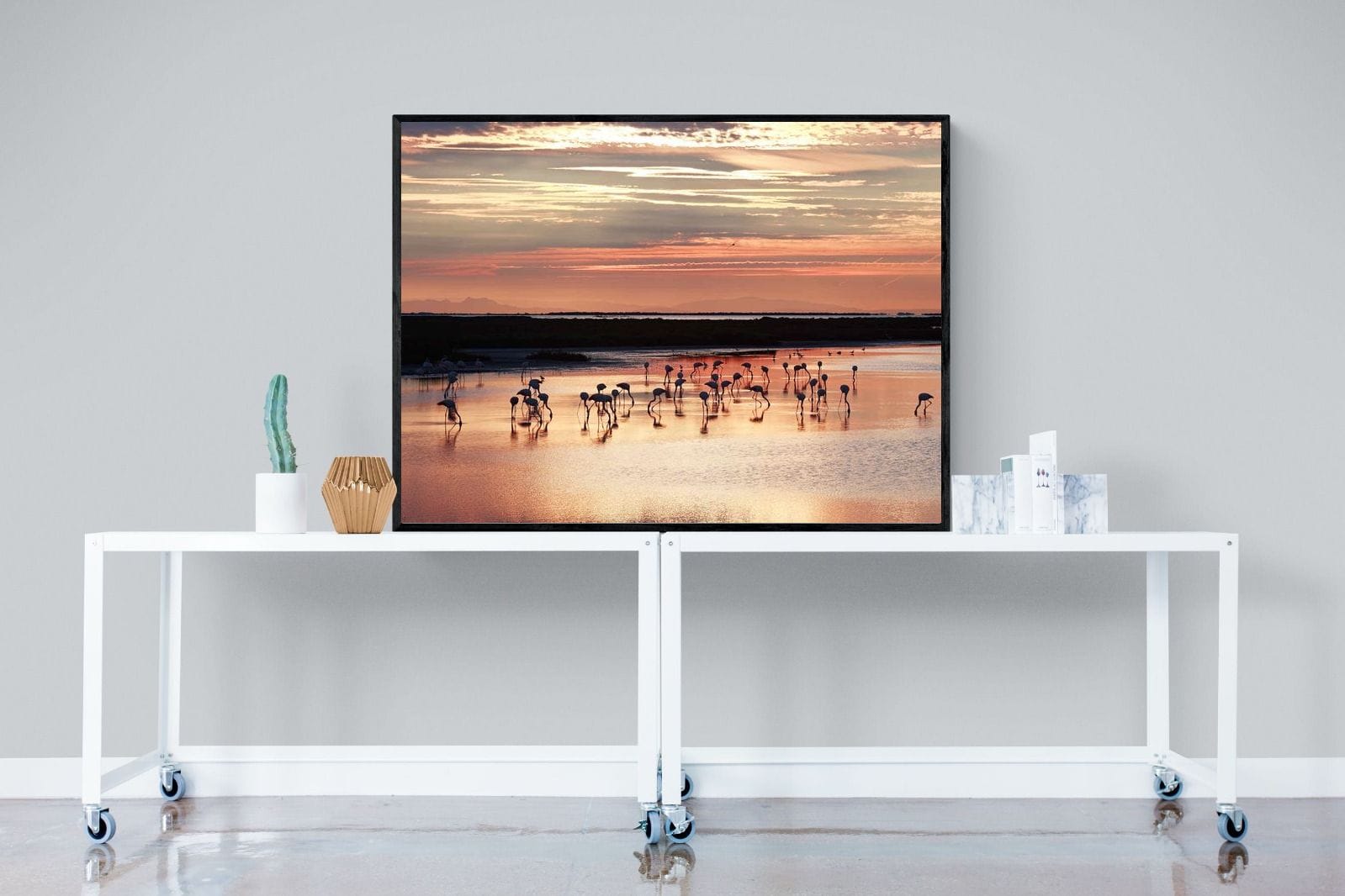 Flamingo Sunset-Wall_Art-120 x 90cm-Mounted Canvas-Black-Pixalot