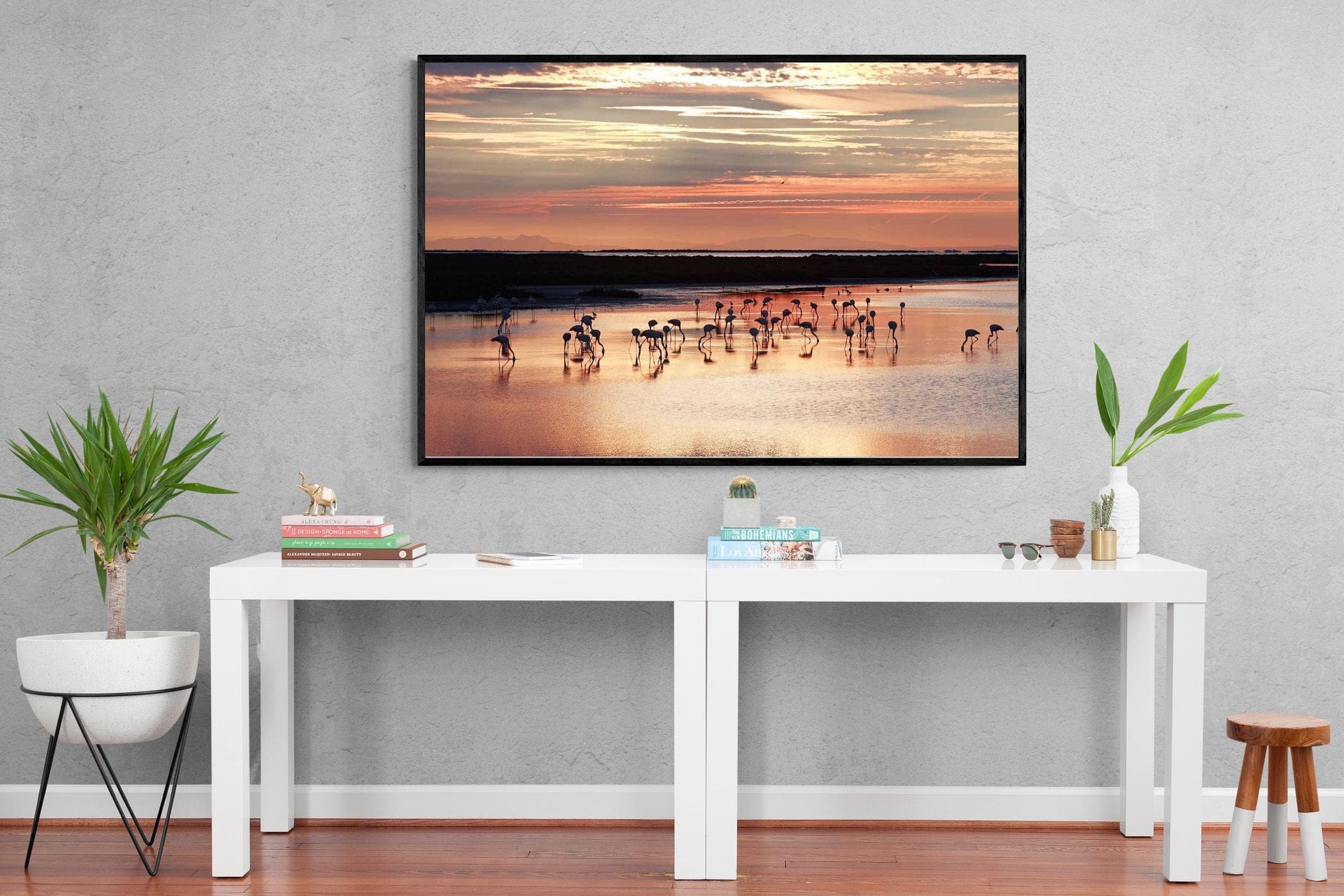 Flamingo Sunset-Wall_Art-150 x 100cm-Mounted Canvas-Black-Pixalot