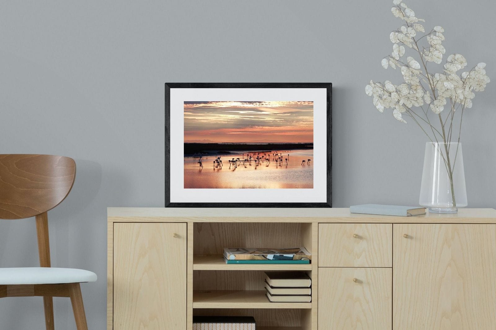 Flamingo Sunset-Wall_Art-60 x 45cm-Framed Print-Black-Pixalot