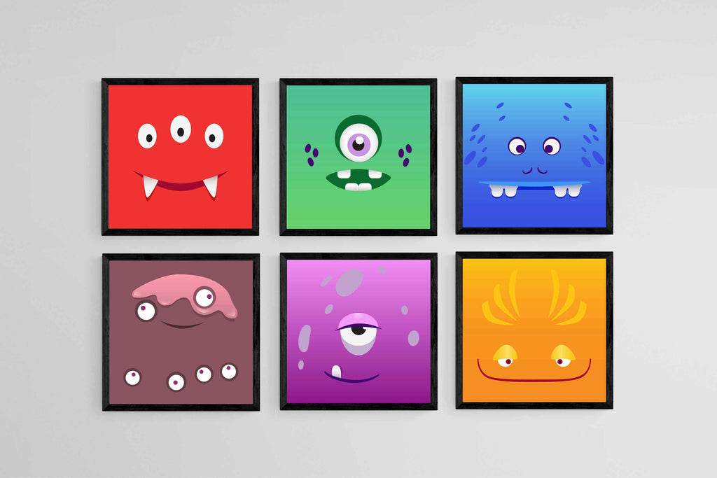 Friendly Monsters Set-Wall_Art-30 x 30cm (x6)-Mounted Canvas-Black-Pixalot