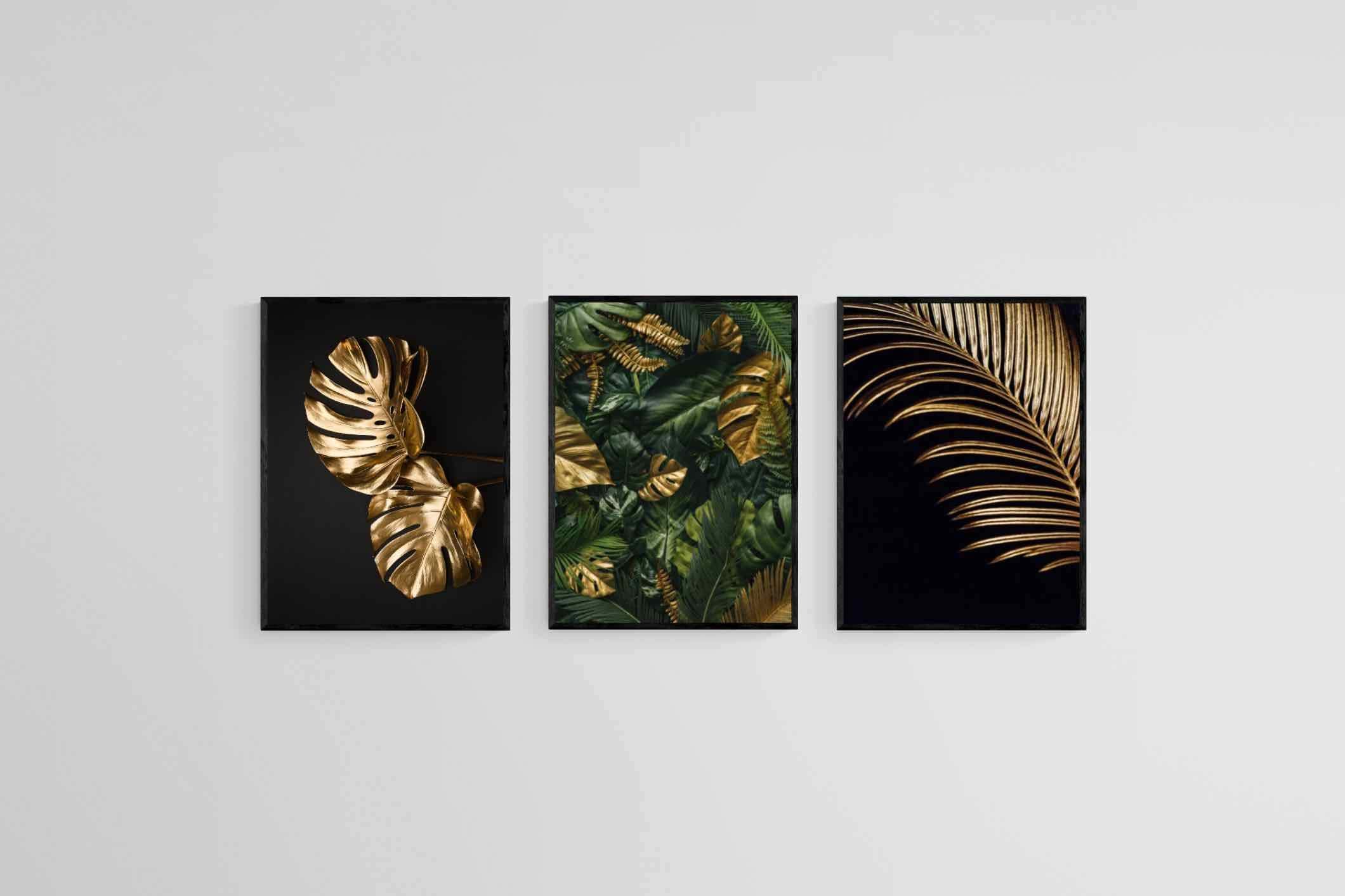 Gold Leaf Set-Wall_Art-45 x 60cm (x3)-Mounted Canvas-Black-Pixalot