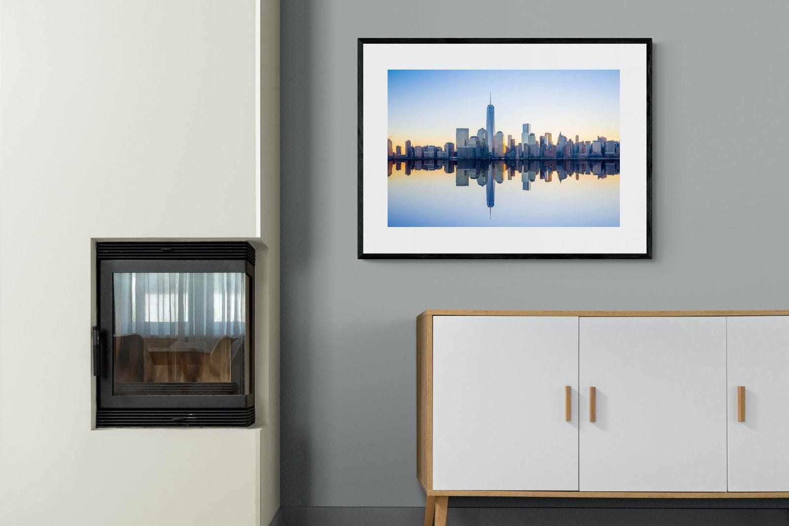 Manhattan Reflection-Wall_Art-100 x 75cm-Framed Print-Black-Pixalot