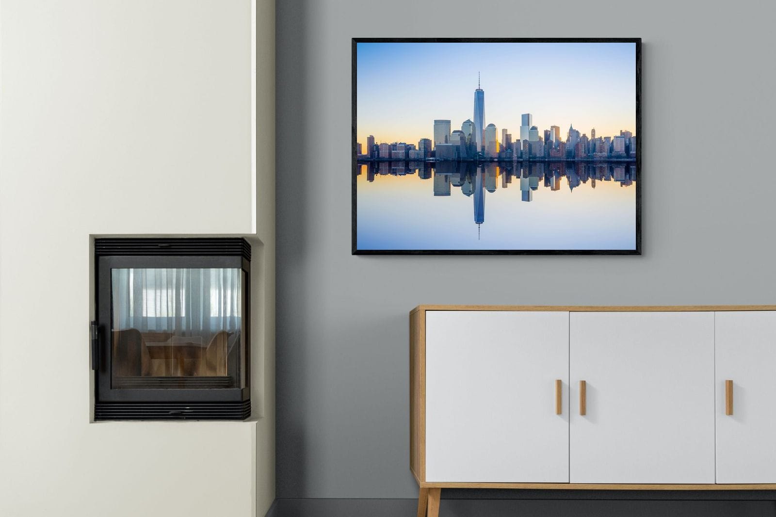 Manhattan Reflection-Wall_Art-100 x 75cm-Mounted Canvas-Black-Pixalot