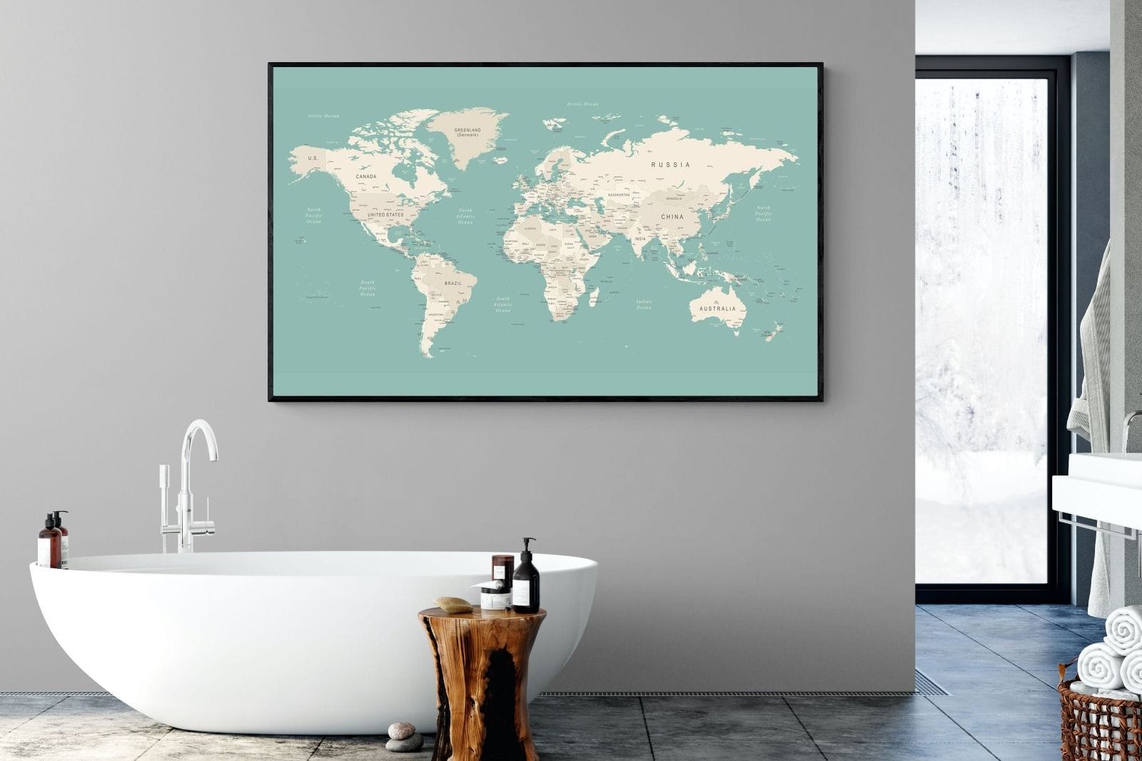 World Map-Wall_Art-180 x 110cm-Mounted Canvas-Black-Pixalot