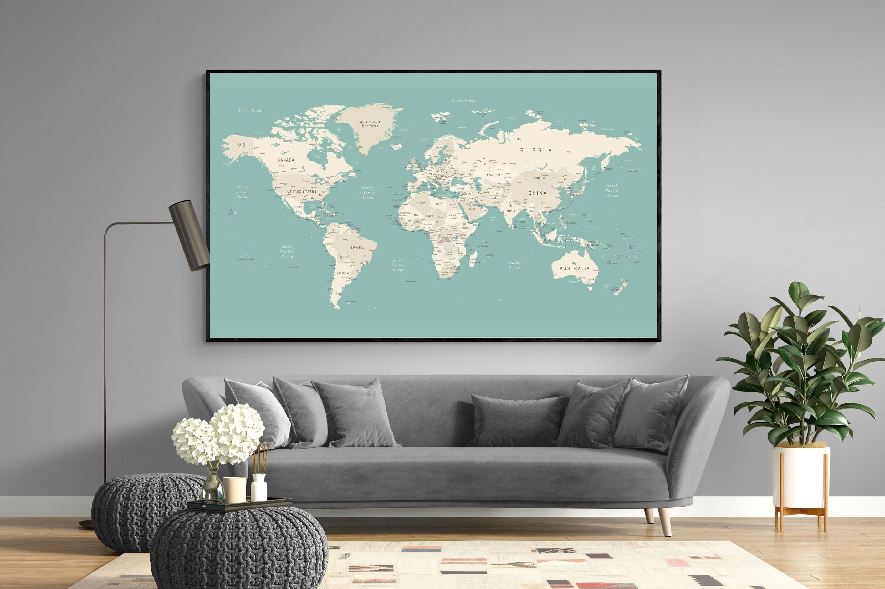 World Map-Wall_Art-220 x 130cm-Mounted Canvas-Black-Pixalot